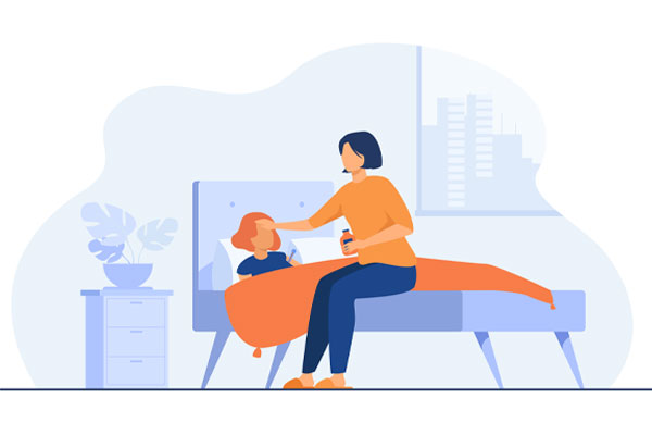 Illustration of a mother sat next to a child in bed